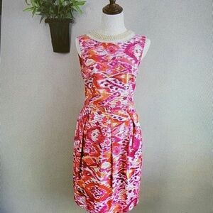 SHEIN Pink & Orange Abstract Print Sleeveless Midi Dress